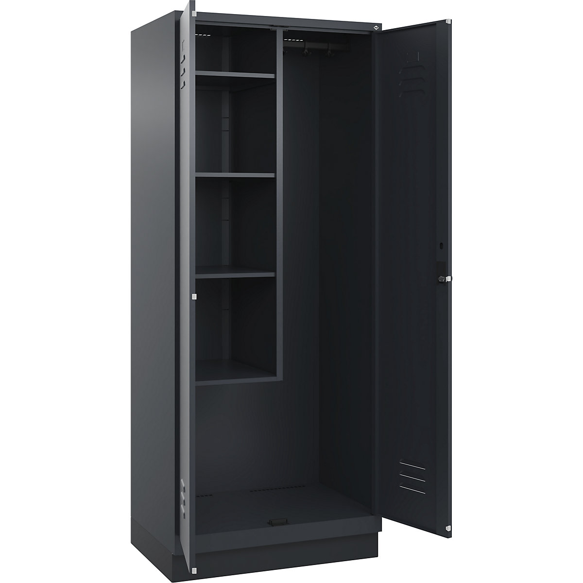 Cacifo para material de limpeza Classic PLUS – C+P, 1 compartimento, divisória central, encurtada, cinzento, L 800 mm, com rodapé, trinco rotativo-0