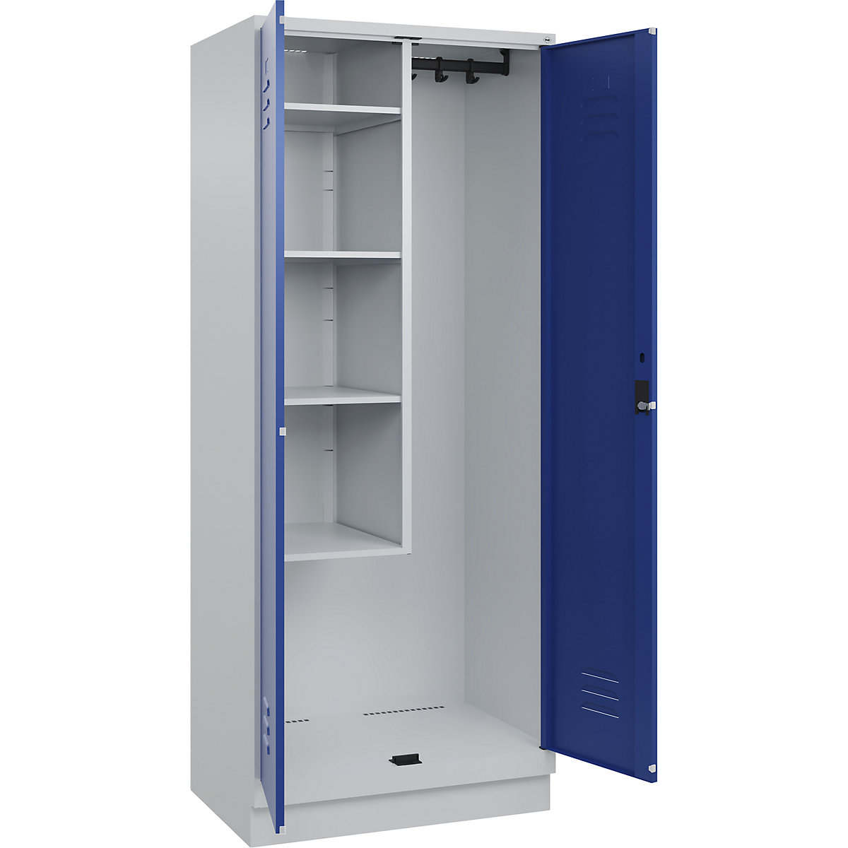 Cacifo para material de limpeza Classic PLUS – C+P, 1 compartimento, divisória central, encurtada, cinzento claro/azul genciana, L 800 mm, com rodapé, fechadura de cilindro-0