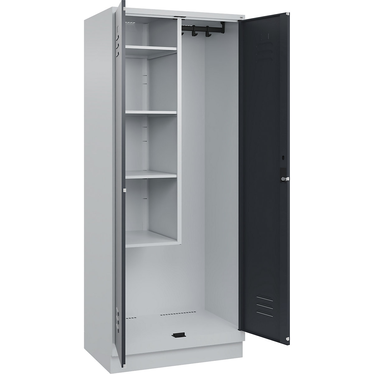Cacifo para material de limpeza Classic PLUS – C+P, 1 compartimento, divisória central, encurtada, cinzento claro/cinzento, L 800 mm, com rodapé, fechadura de cilindro-0