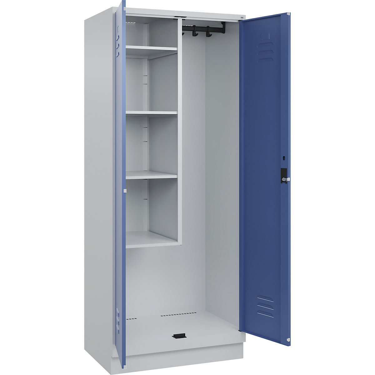 Cacifo para material de limpeza Classic PLUS – C+P, 1 compartimento, divisória central, encurtada, cinzento claro/azul distante, L 800 mm, com rodapé, fechadura de cilindro-0