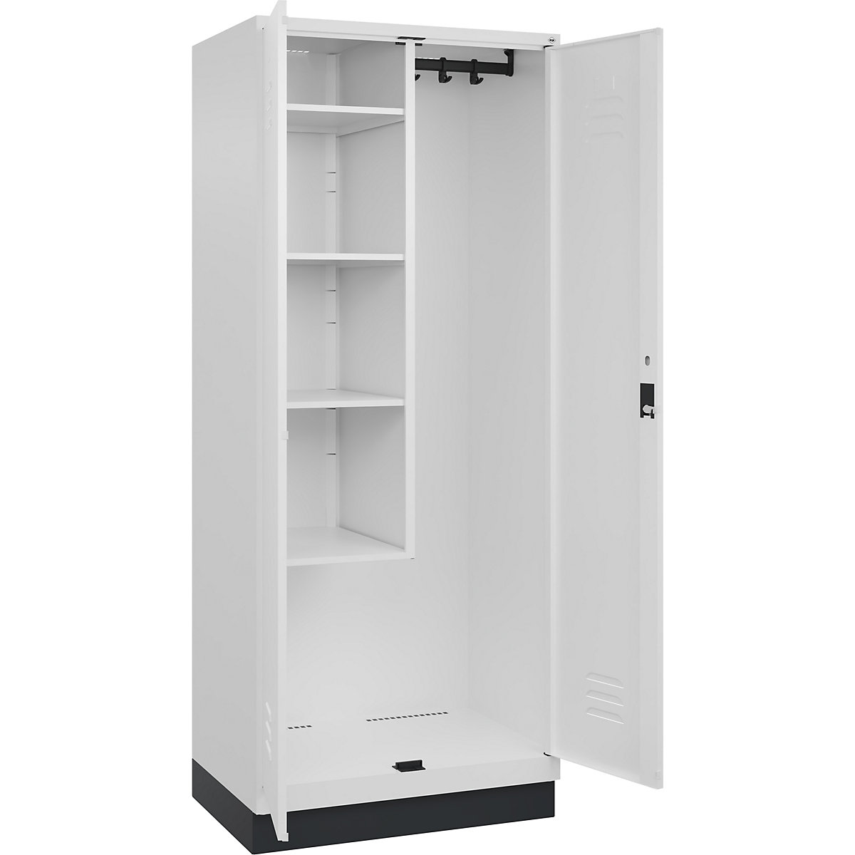 Cacifo para material de limpeza Classic PLUS – C+P, 1 compartimento, divisória central, encurtada, branco trânsito, L 800 mm, com rodapé, fechadura de cilindro-0