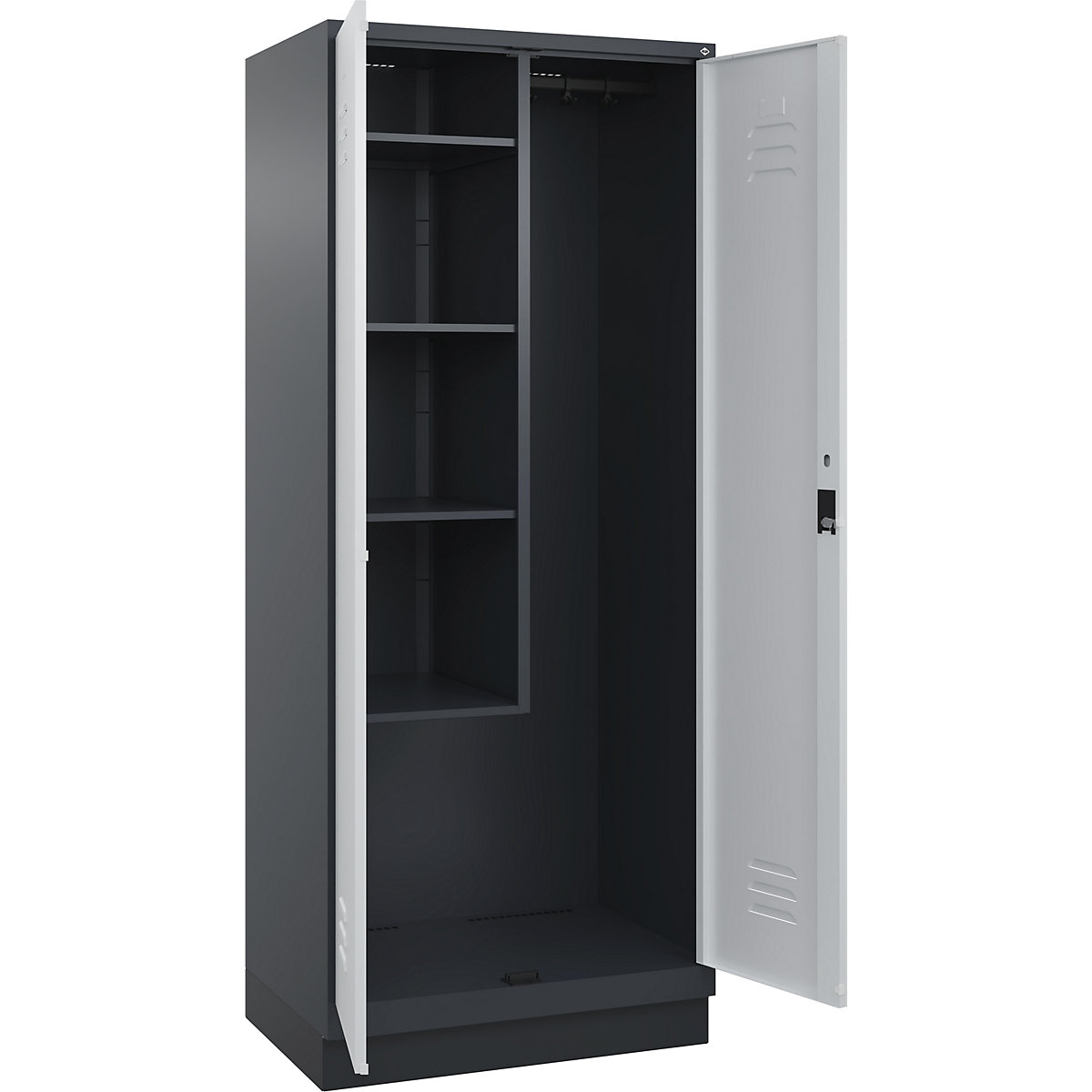 Cacifo para material de limpeza Classic PLUS – C+P, 1 compartimento, divisória central, encurtada, cinzento, L 800 mm, com rodapé, fechadura de cilindro-0