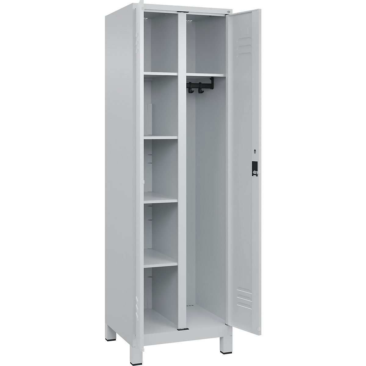 Cacifo para material de limpeza Classic PLUS – C+P, 1 compartimento, divisória central, cinzento claro, L 600 mm, com pés, fechadura de cilindro-0