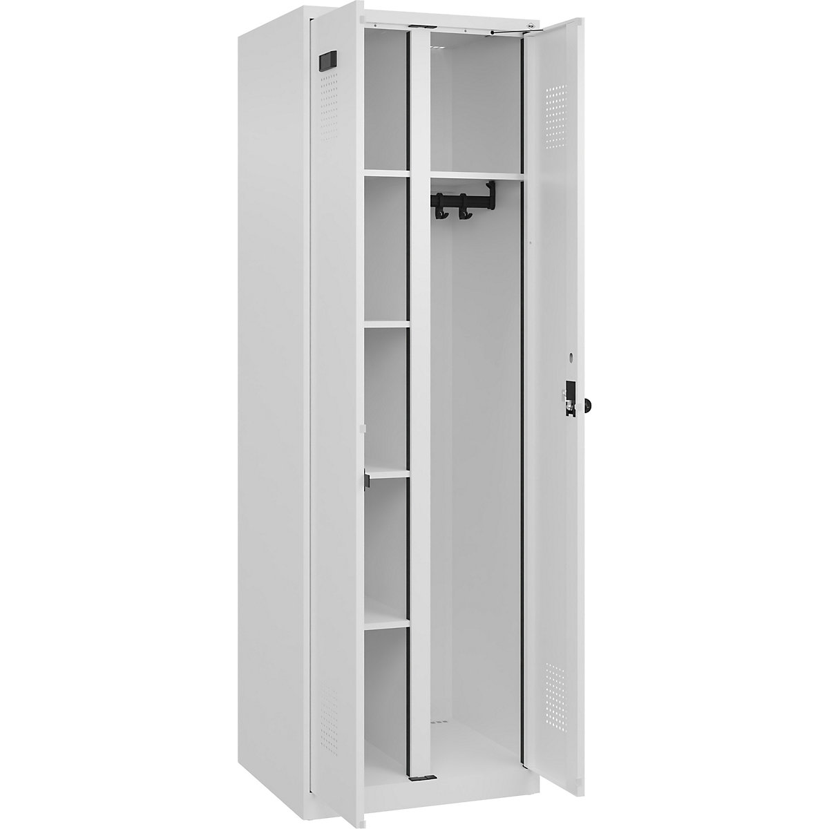 Cacifo para material de limpeza Evolo PLUS, 1 compartimento, divisória central, branco, L 600 mm, com sapatas, trinco de segurança rotativo-0