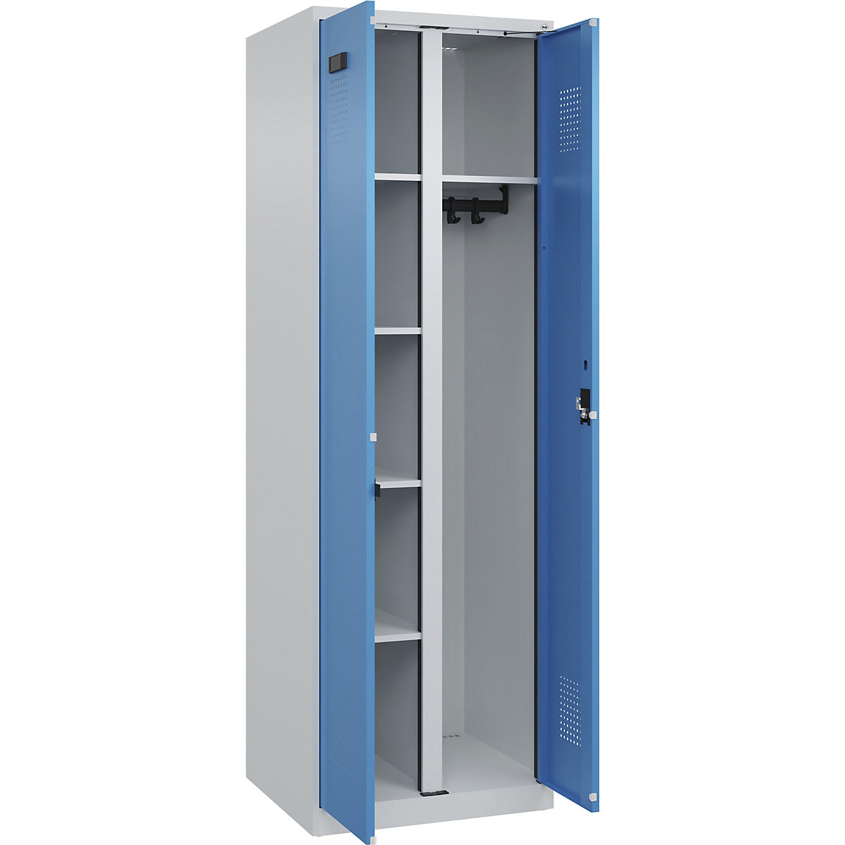 Cacifo para material de limpeza Evolo PLUS, 1 compartimento, divisória central, cinzento claro/azul claro, L 600 mm, com sapatas, fechadura de cilindro-0