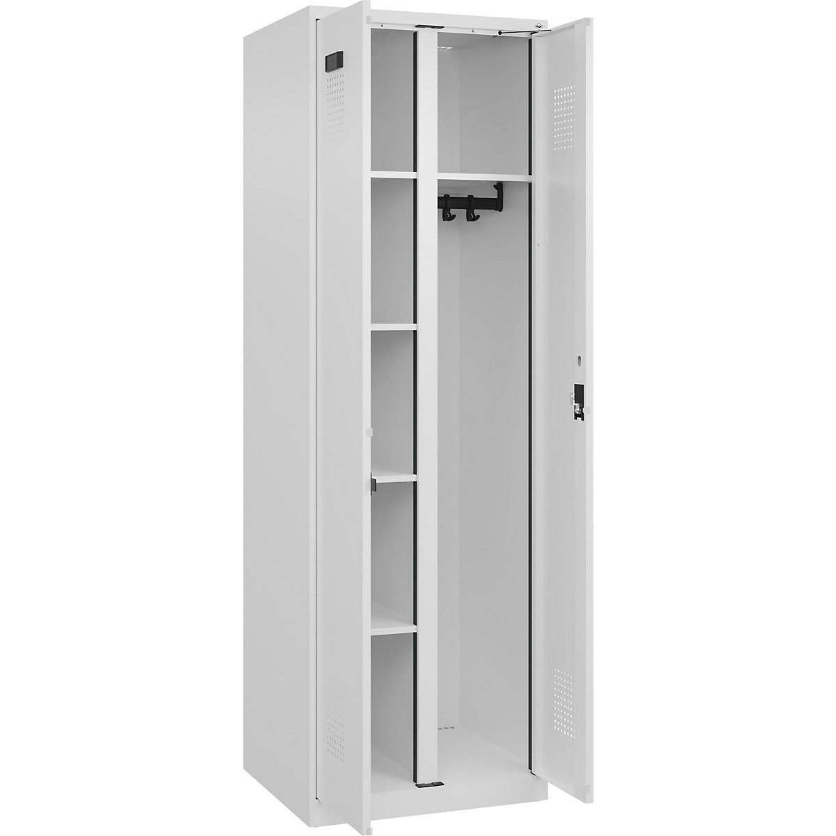 Cacifo para material de limpeza Evolo PLUS, 1 compartimento, divisória central, branco, L 600 mm, com sapatas, fechadura de cilindro-0