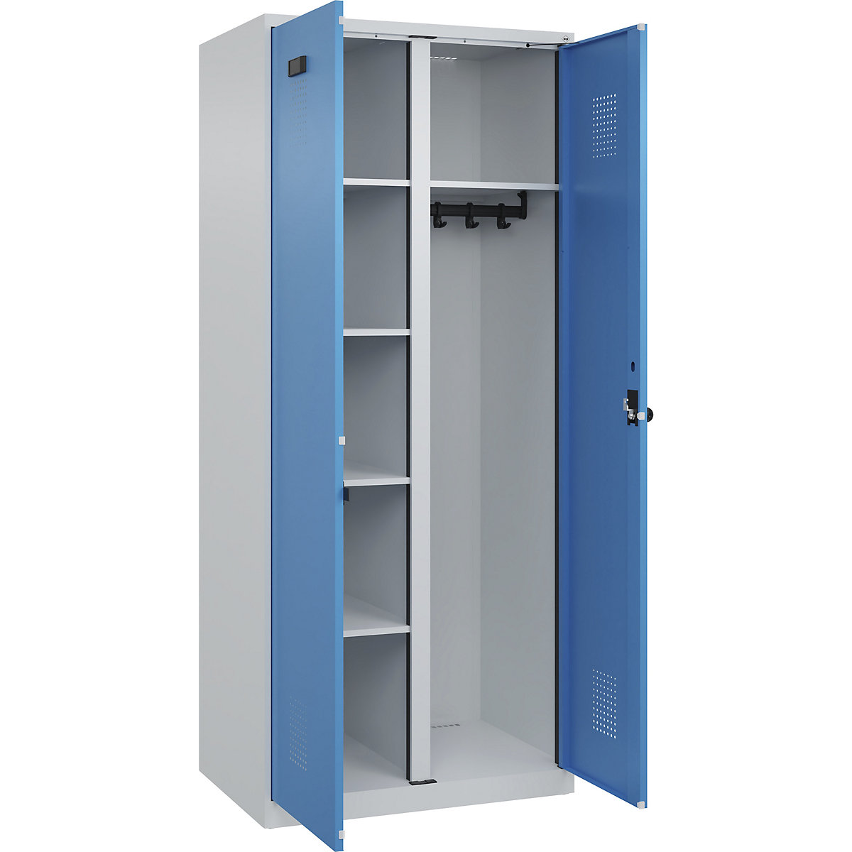 Cacifo para material de limpeza Evolo PLUS, 1 compartimento, divisória central, cinzento claro/azul claro, L 800 mm, com sapatas, trinco de segurança rotativo-0