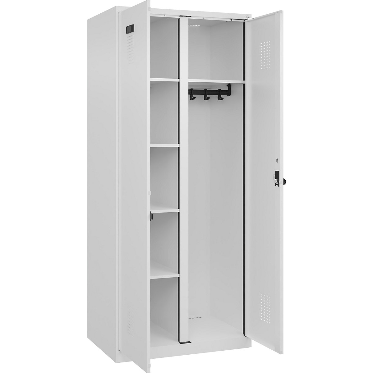 Cacifo para material de limpeza Evolo PLUS, 1 compartimento, divisória central, branco, L 800 mm, com sapatas, trinco de segurança rotativo-0