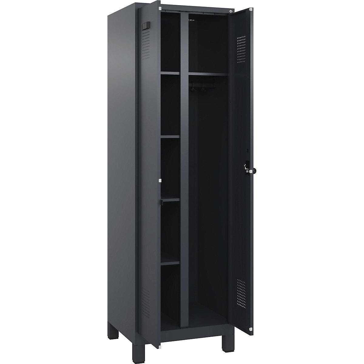 Cacifo para material de limpeza Evolo PLUS, 1 compartimento, divisória central, cinzento, L 600 mm, com pés largos, trinco de segurança rotativo-0