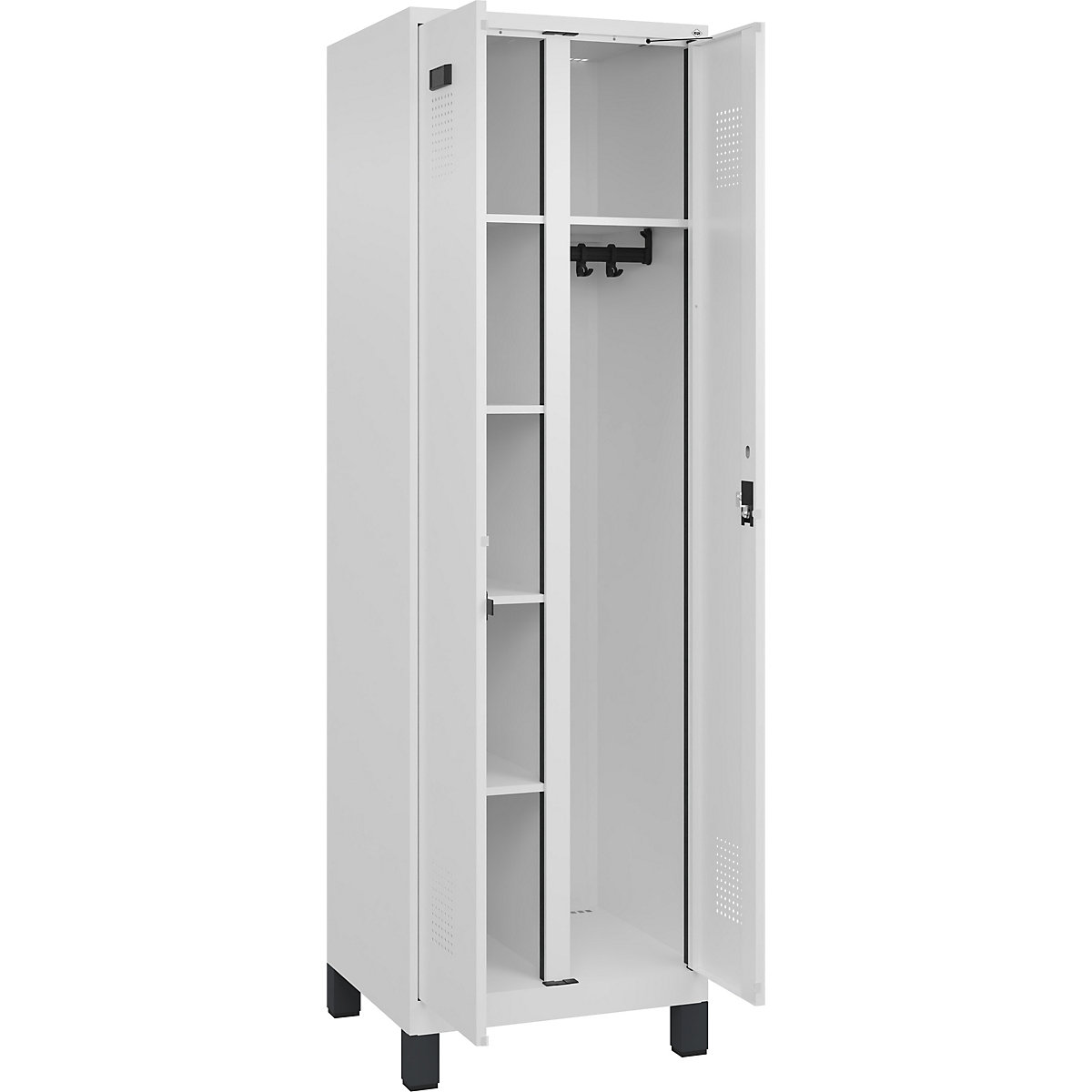 Cacifo para material de limpeza Evolo PLUS, 1 compartimento, divisória central, branco, L 600 mm, com pés largos, fechadura de cilindro-0