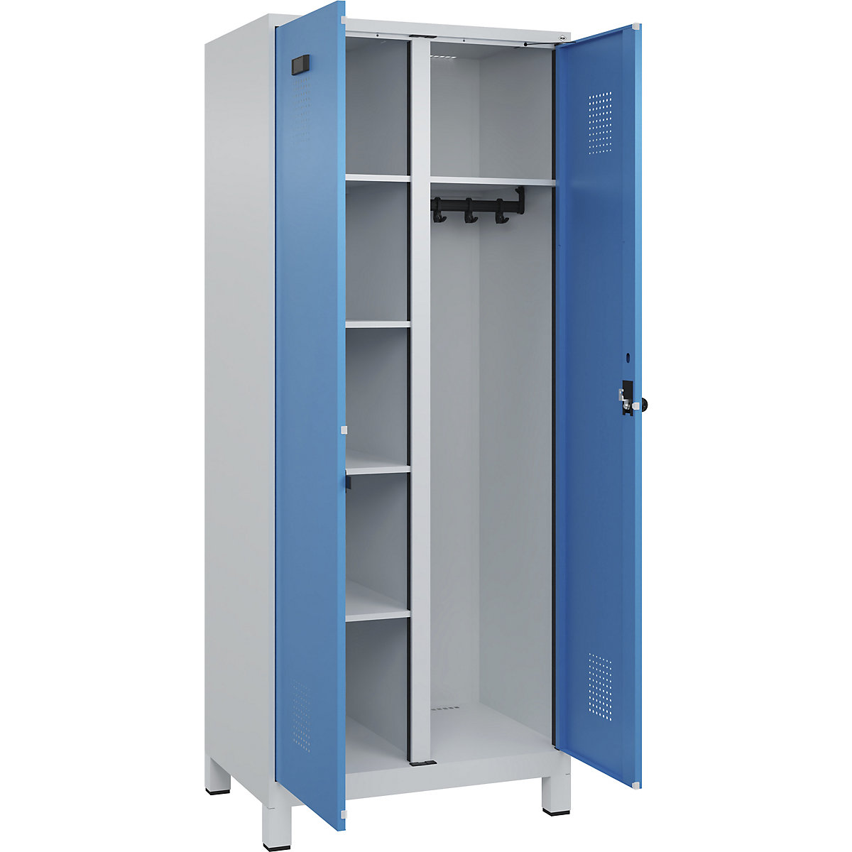 Cacifo para material de limpeza Evolo PLUS, 1 compartimento, divisória central, cinzento claro/azul claro, L 800 mm, com pés largos, trinco de segurança rotativo-0