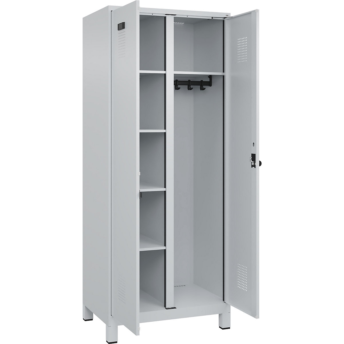 Cacifo para material de limpeza Evolo PLUS, 1 compartimento, divisória central, cinzento claro, L 800 mm, com pés largos, trinco de segurança rotativo-0