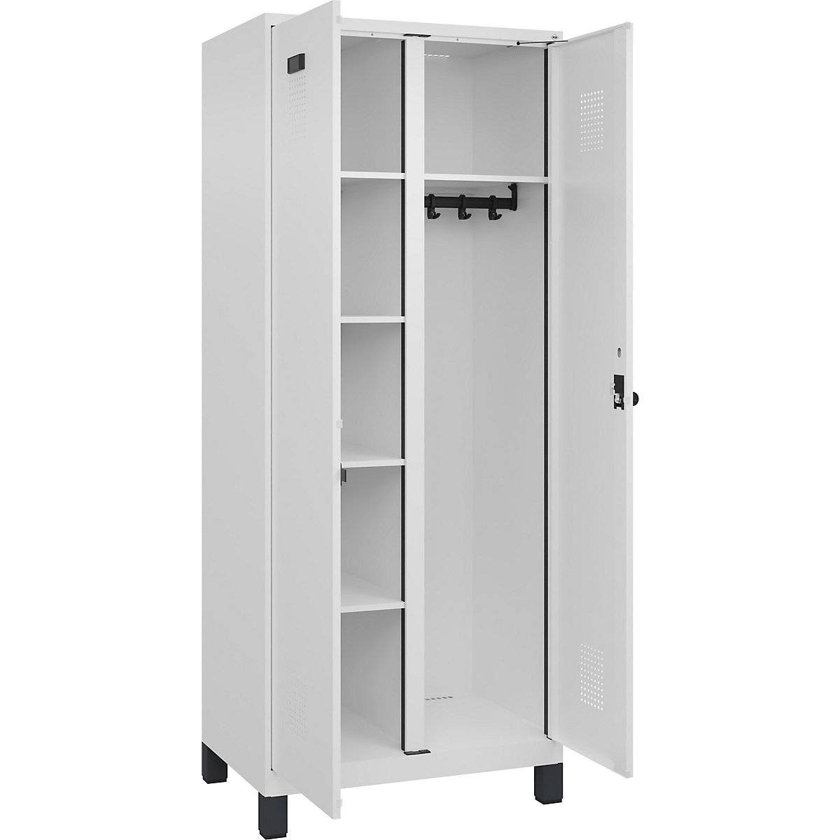 Cacifo para material de limpeza Evolo PLUS, 1 compartimento, divisória central, branco, L 800 mm, com pés largos, trinco de segurança rotativo-0