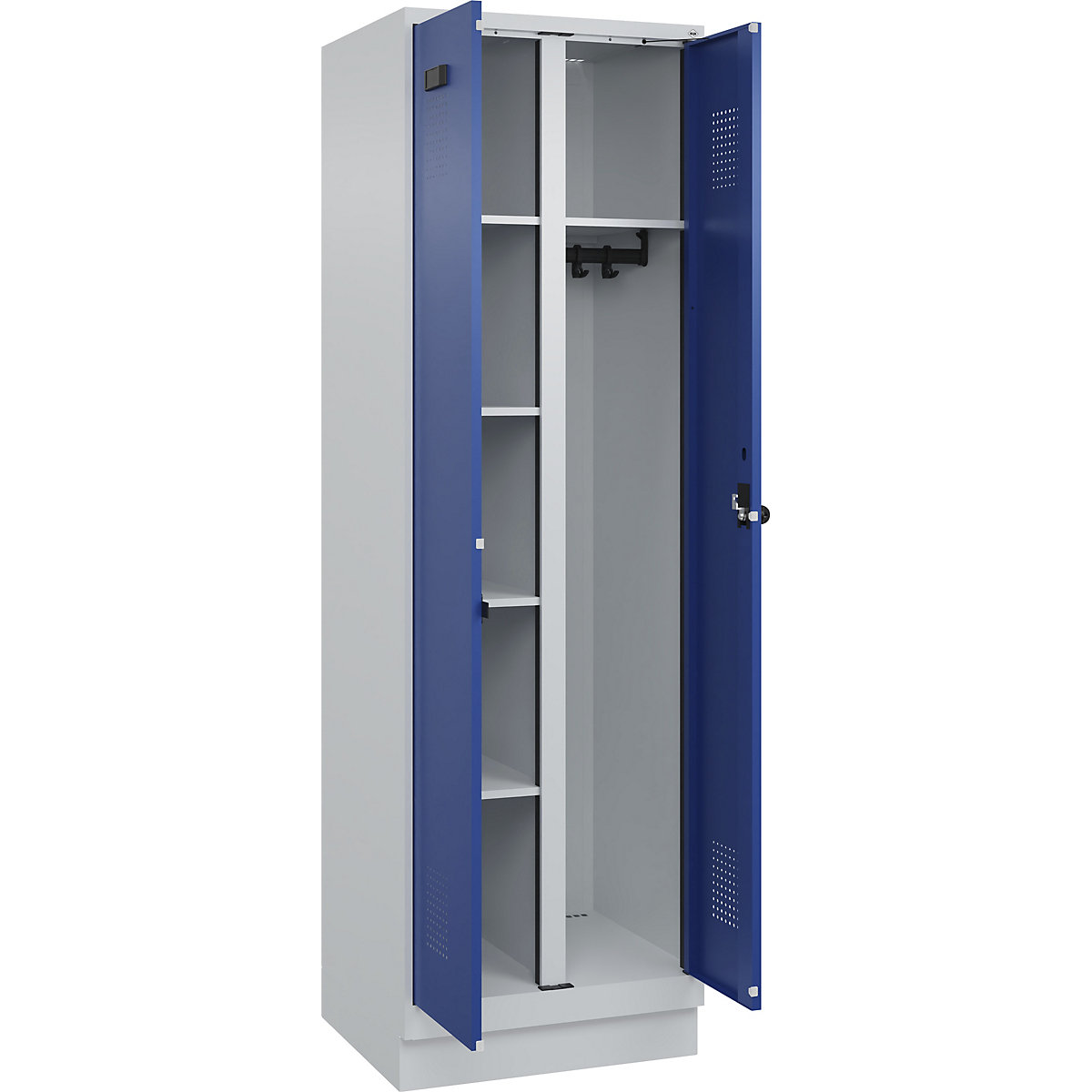 Cacifo para material de limpeza Evolo PLUS, 1 compartimento, divisória central, cinzento claro/azul genciana, L 600 mm, com rodapé, trinco de segurança rotativo-0