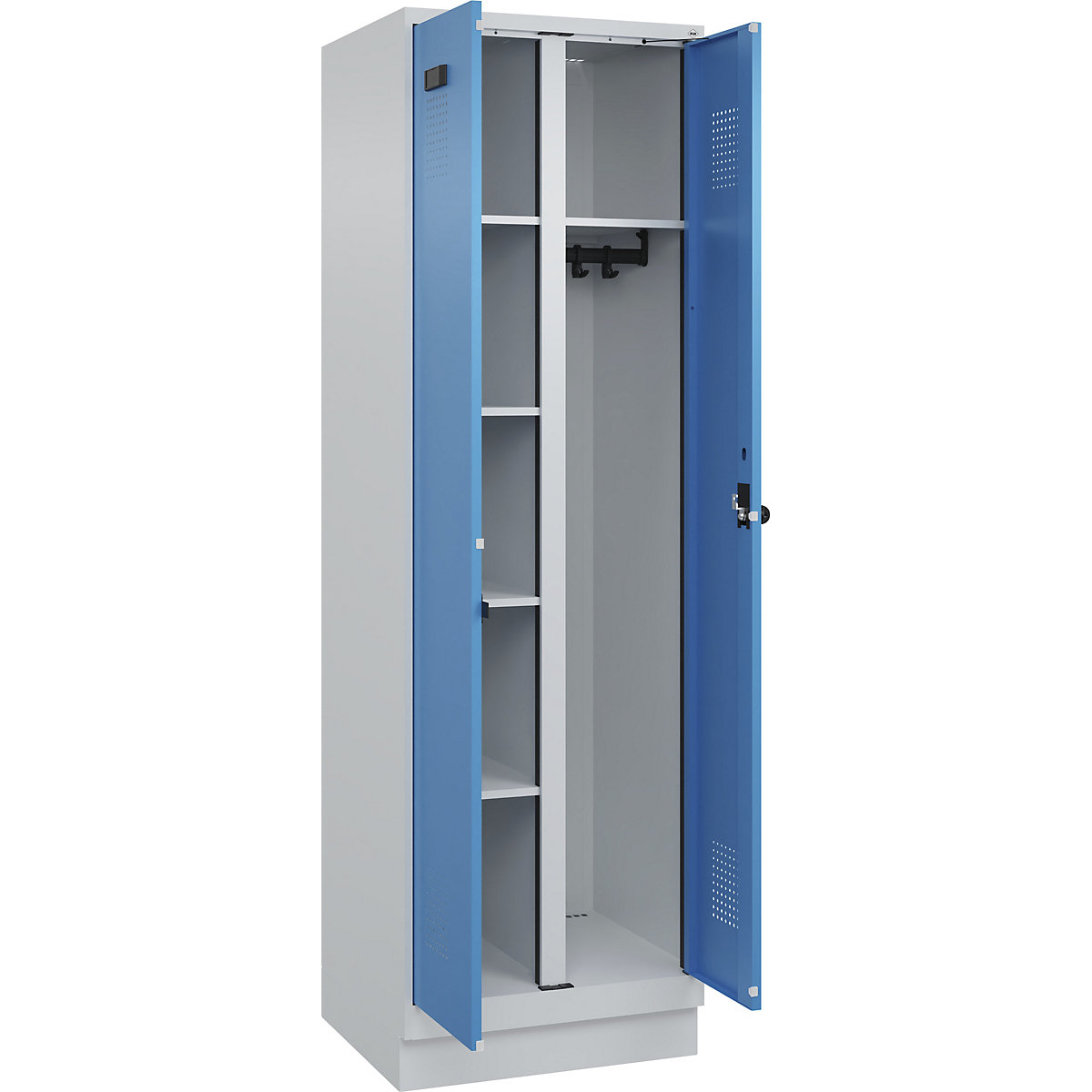 Cacifo para material de limpeza Evolo PLUS, 1 compartimento, divisória central, cinzento claro/azul claro, L 600 mm, com rodapé, trinco de segurança rotativo-0