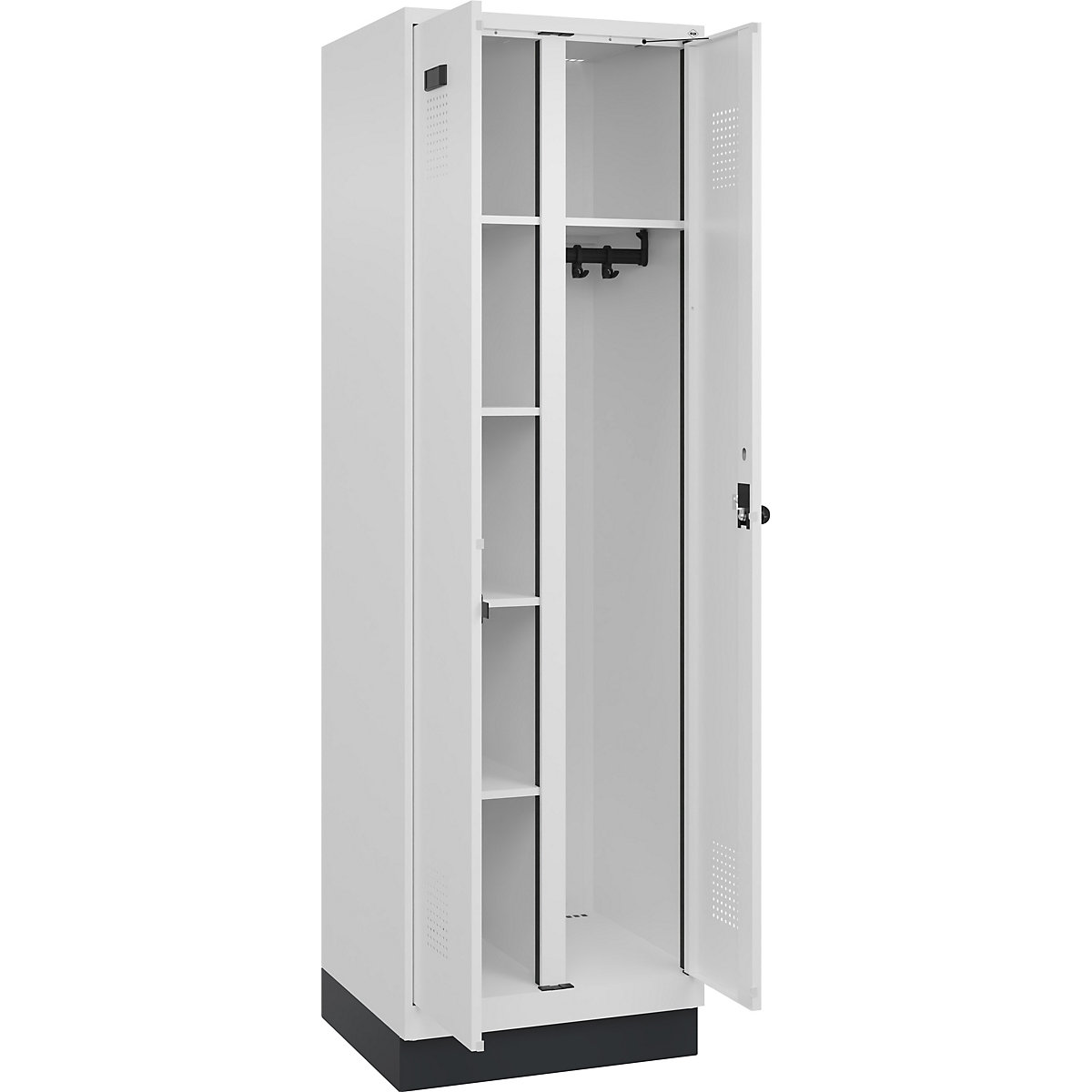 Cacifo para material de limpeza Evolo PLUS, 1 compartimento, divisória central, branco, L 600 mm, com rodapé, trinco de segurança rotativo-0