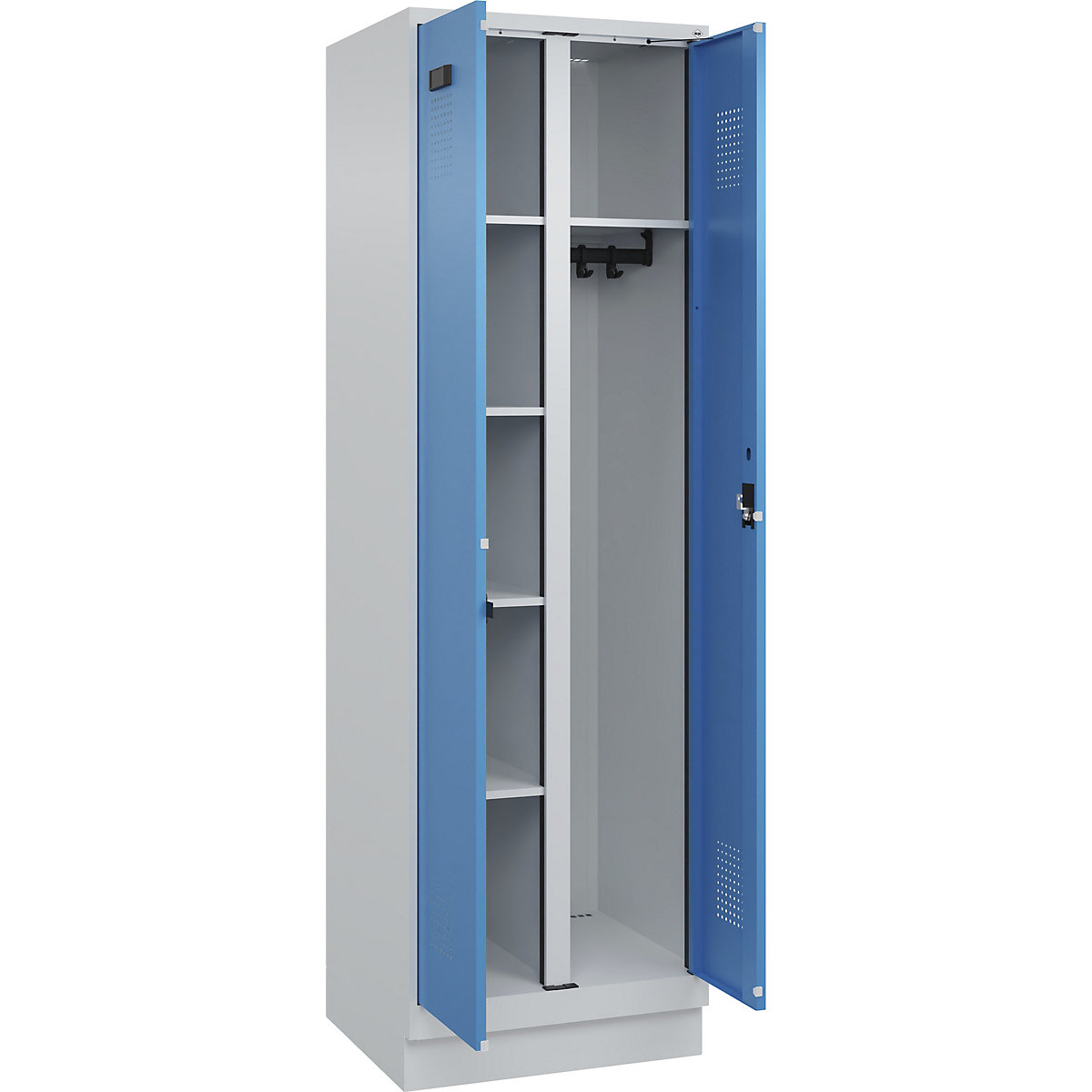 Cacifo para material de limpeza Evolo PLUS, 1 compartimento, divisória central, cinzento claro/azul claro, L 600 mm, com rodapé, fechadura de cilindro-0