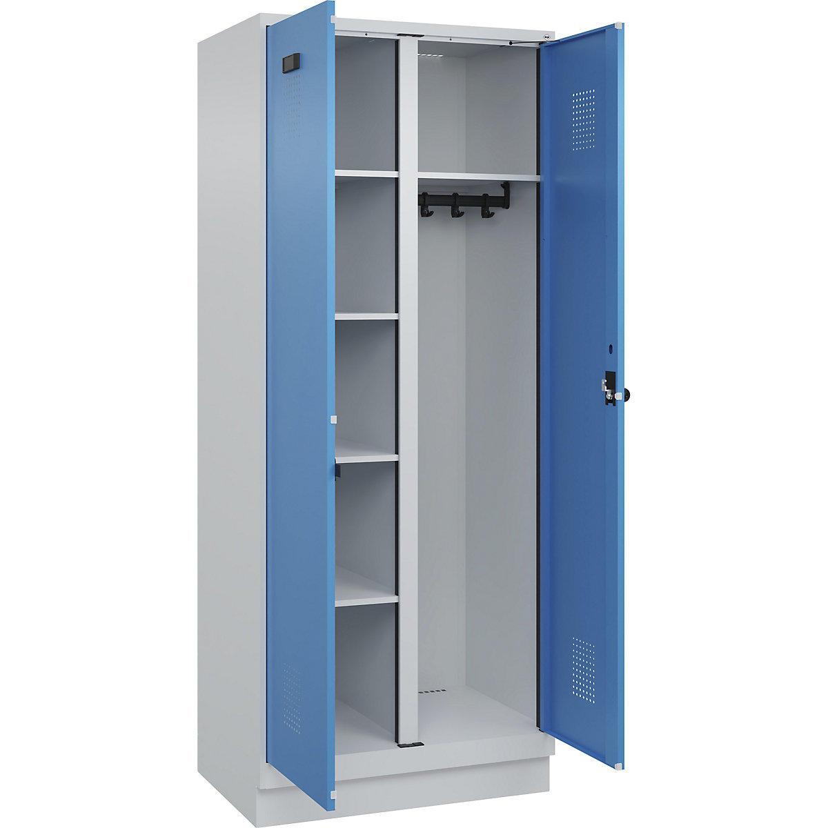 Cacifo para material de limpeza Evolo PLUS, 1 compartimento, divisória central, cinzento claro/azul claro, L 800 mm, com rodapé, trinco de segurança rotativo-0