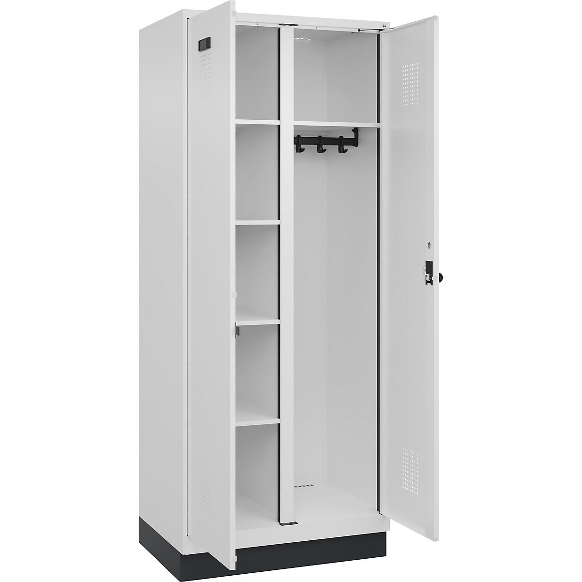 Cacifo para material de limpeza Evolo PLUS, 1 compartimento, divisória central, branco, L 800 mm, com rodapé, trinco de segurança rotativo-0