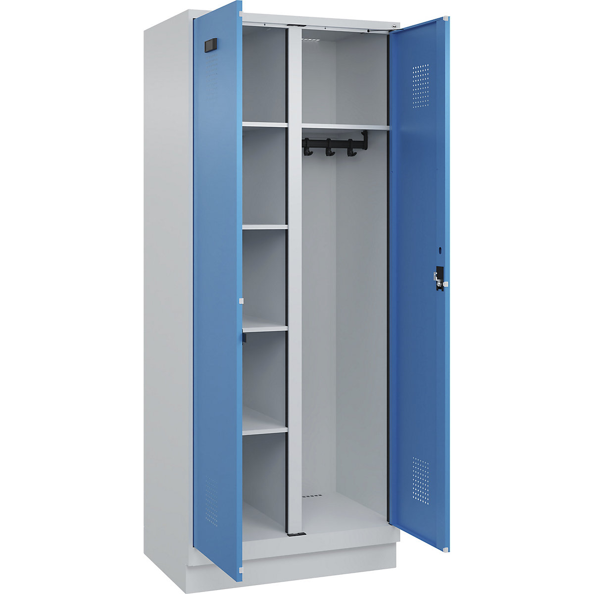 Cacifo para material de limpeza Evolo PLUS, 1 compartimento, divisória central, cinzento claro/azul claro, L 800 mm, com rodapé, fechadura de cilindro-0