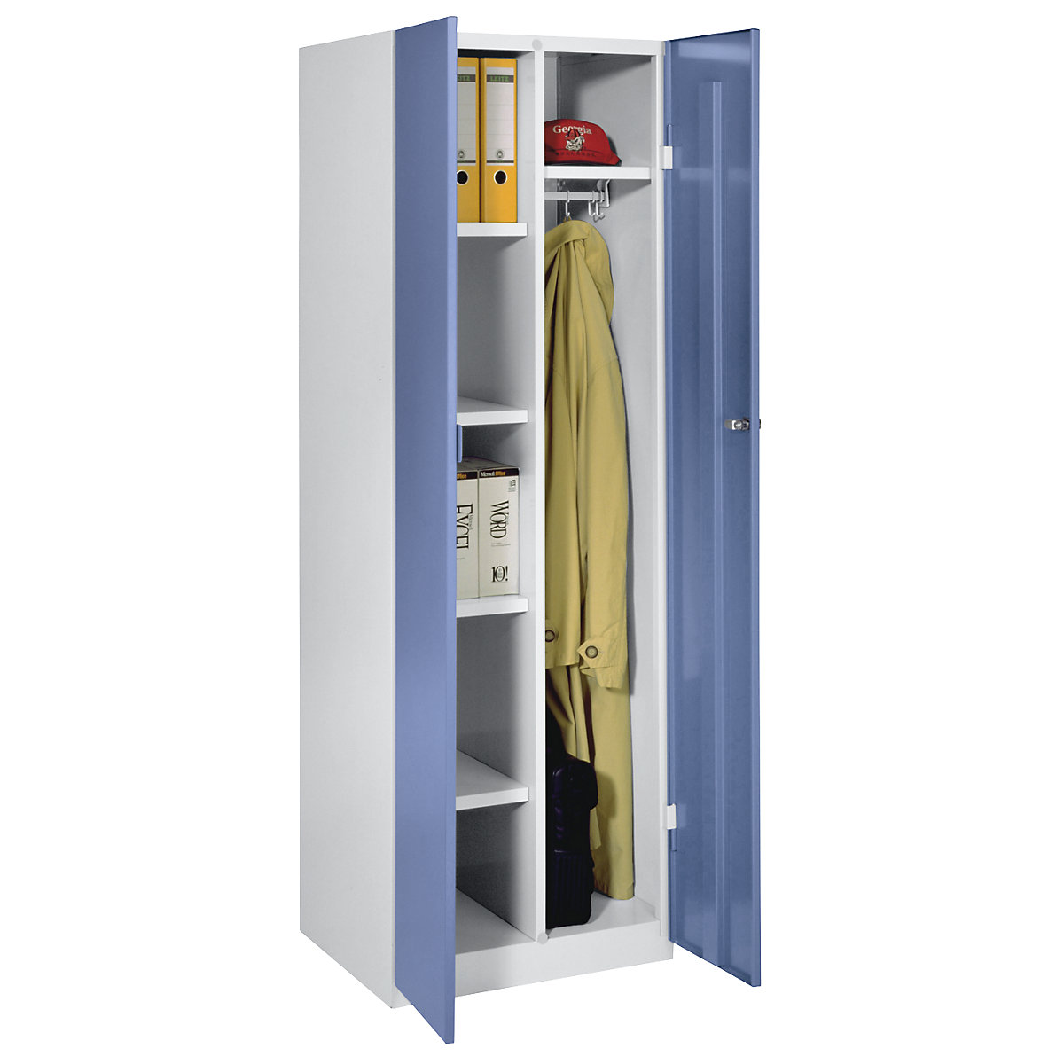 Cacifo para material de limpeza Frankfurt – Wolf, 4 prateleiras, 1 barra para vestuário, portas azul pomba-0