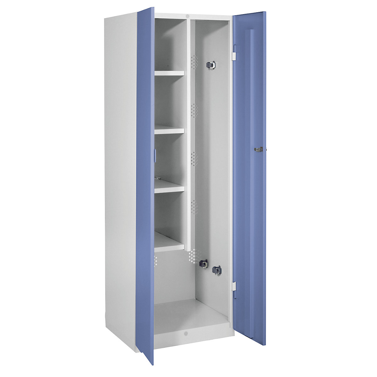 Cacifo para material de limpeza Frankfurt – Wolf, 4 prateleiras, 5 suportes para ferramentas, portas azul pomba-0