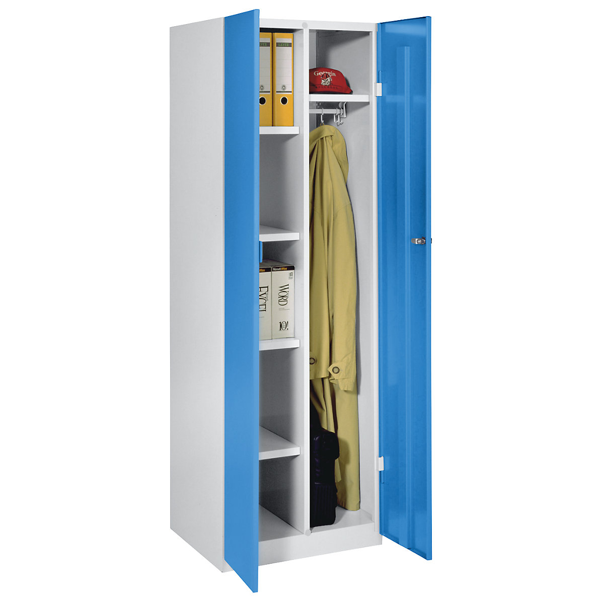Cacifo para material de limpeza Frankfurt – Wolf, 4 prateleiras, 1 barra para vestuário, portas azul claro-0