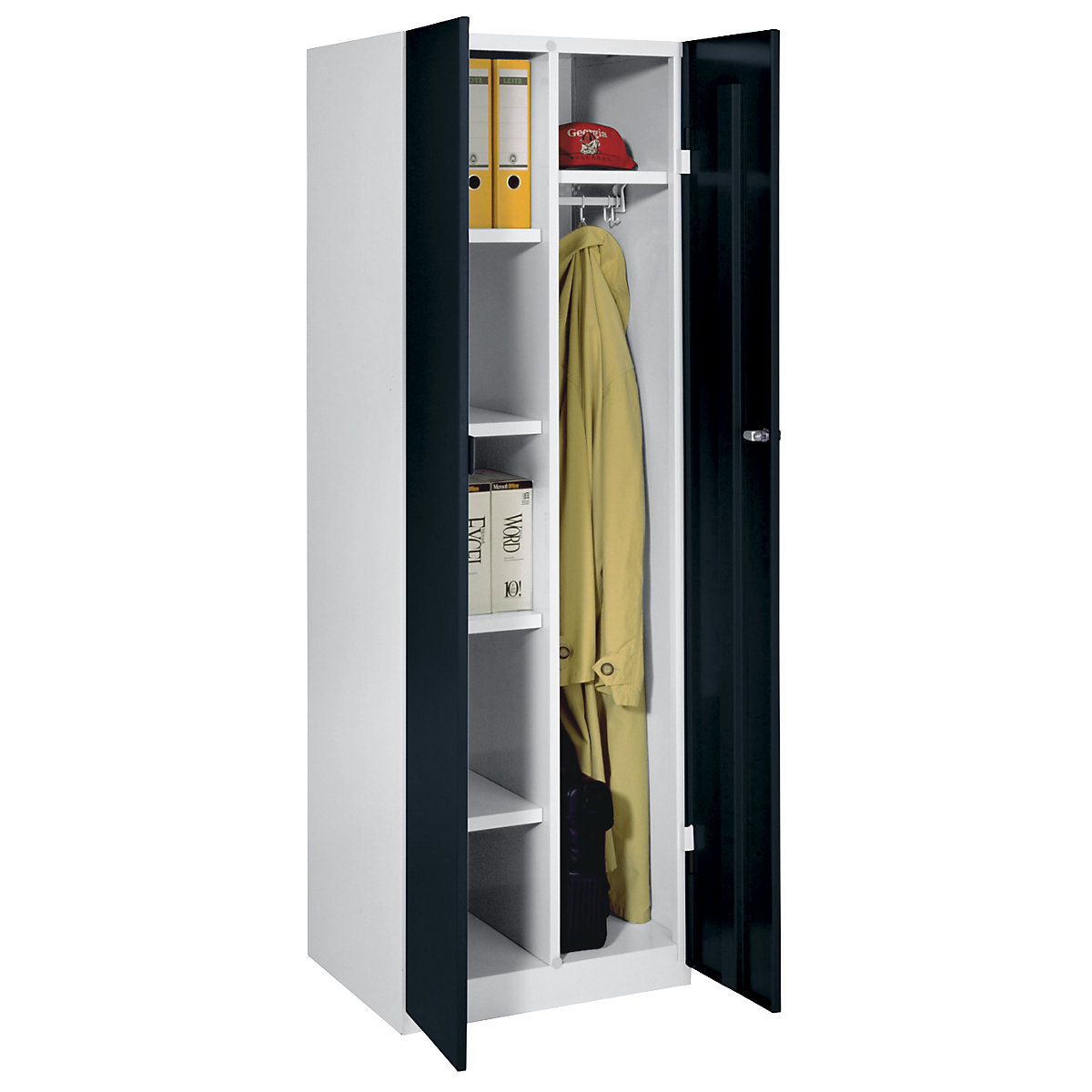 Cacifo para material de limpeza Frankfurt – Wolf, 4 prateleiras, 1 barra para vestuário, portas preto profundo-0