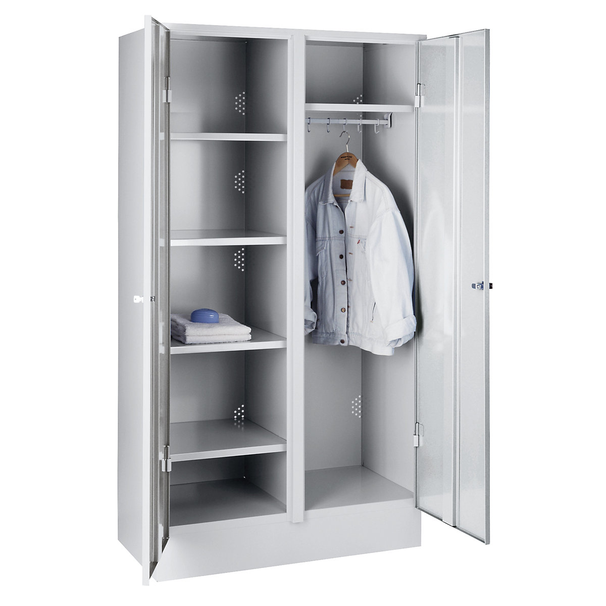 Cacifo para material de limpeza München – Wolf, 4 prateleiras, 1 barra para vestuário, cinzento claro-0