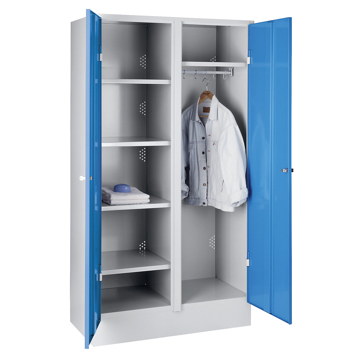 Cacifo para material de limpeza München – Wolf, 4 prateleiras, 1 barra para vestuário, cinzento claro/azul claro-0