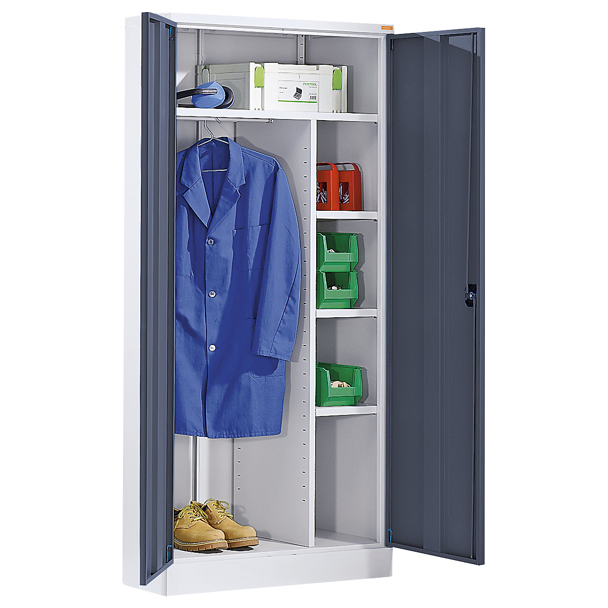 Cacifo para material de limpeza Venlo – eurokraft basic, 1 barra para vestuário, 1 prateleira de depósito, 3 prateleiras, cinzento claro / cinzento basalto-0