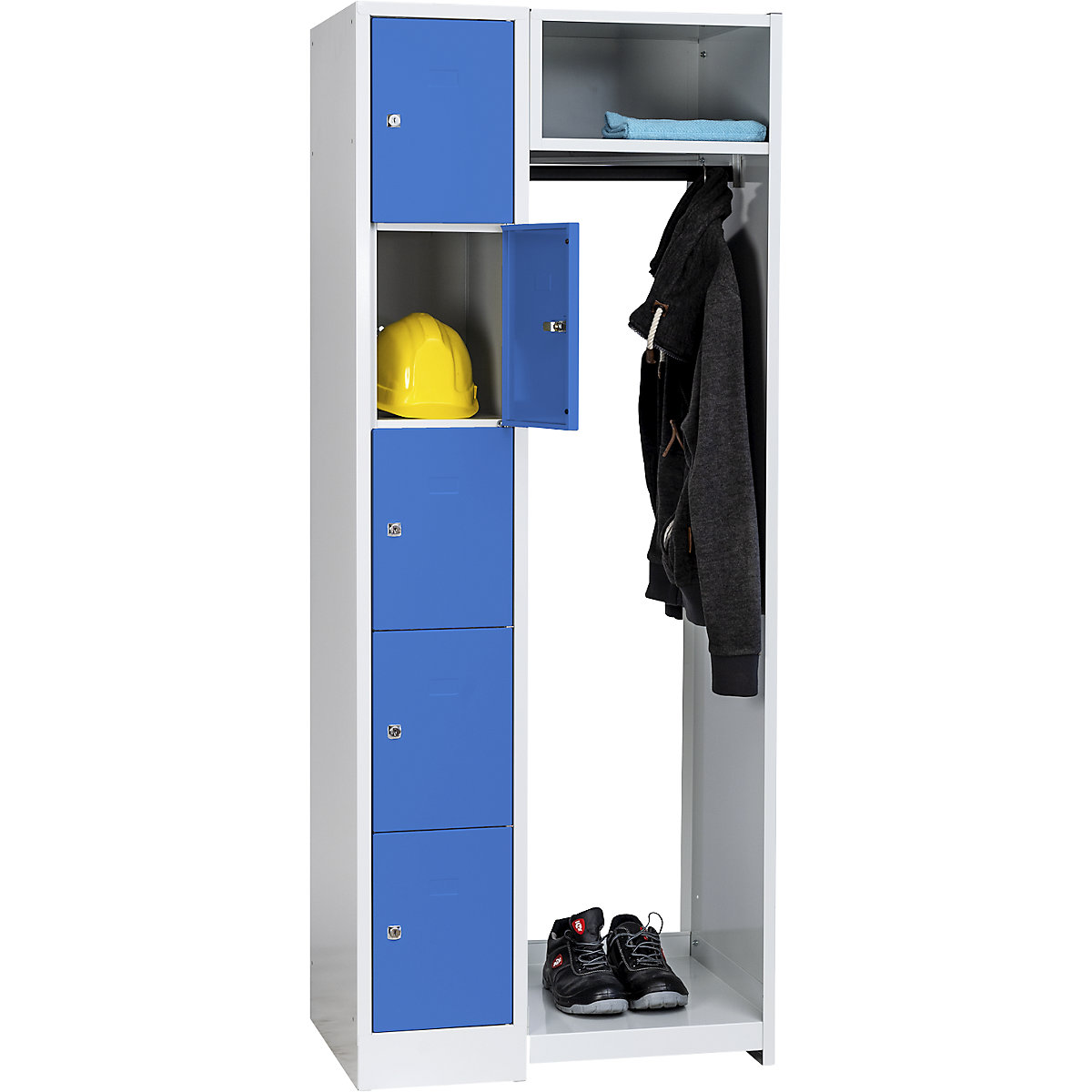 Sistema de bengaleiro com cacifo Dresden – Wolf, 5 compartimentos, 1 bengaleiro, L 750 mm, cinzento claro/azul claro-0