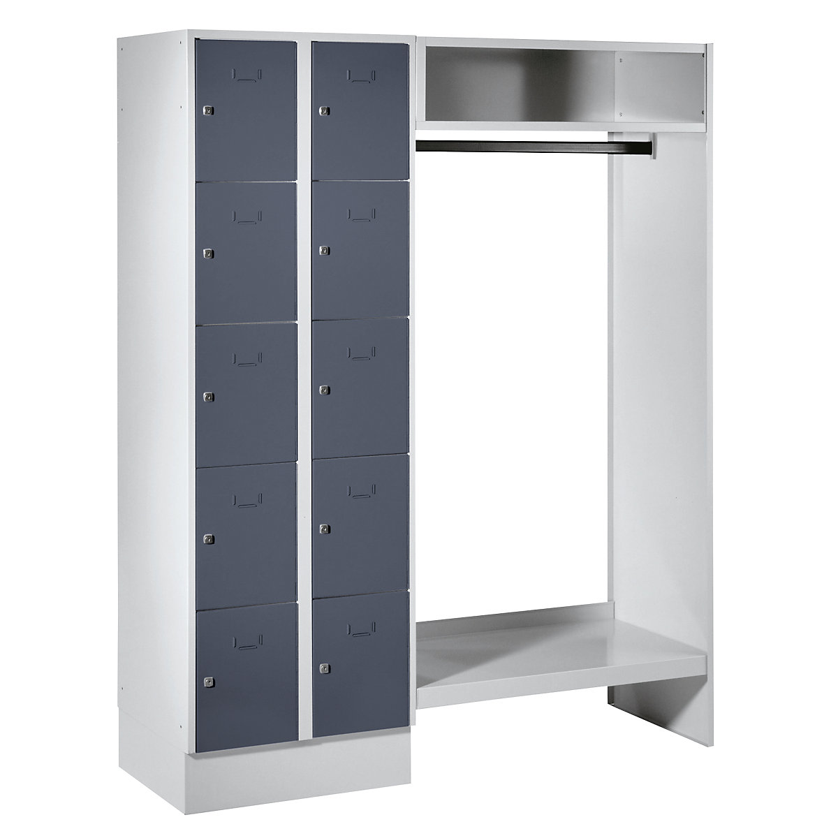 Sistema de bengaleiro com cacifo Dresden – Wolf, 2 compartimentos à esquerda, 1 bengaleiro, L 1470 mm, cinzento claro/cinzento basalto-0