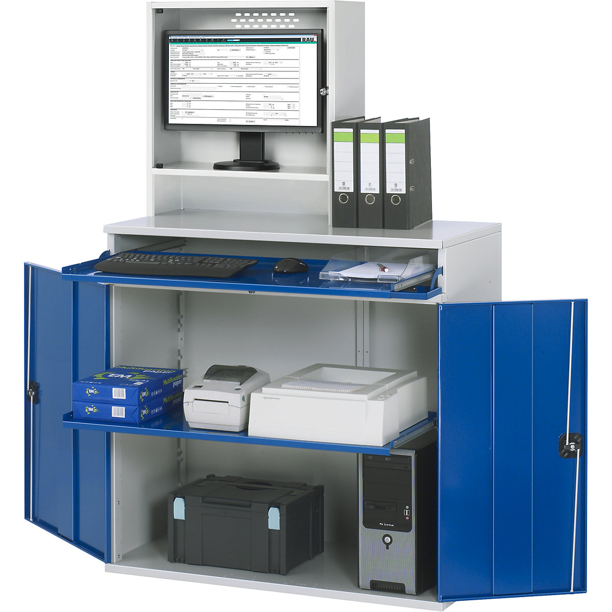 Estação de trabalho para computadores – RAU, caixa para monitor, 1 prateleira extraível, largura 1100 mm, cinzento claro / azul genciana-0