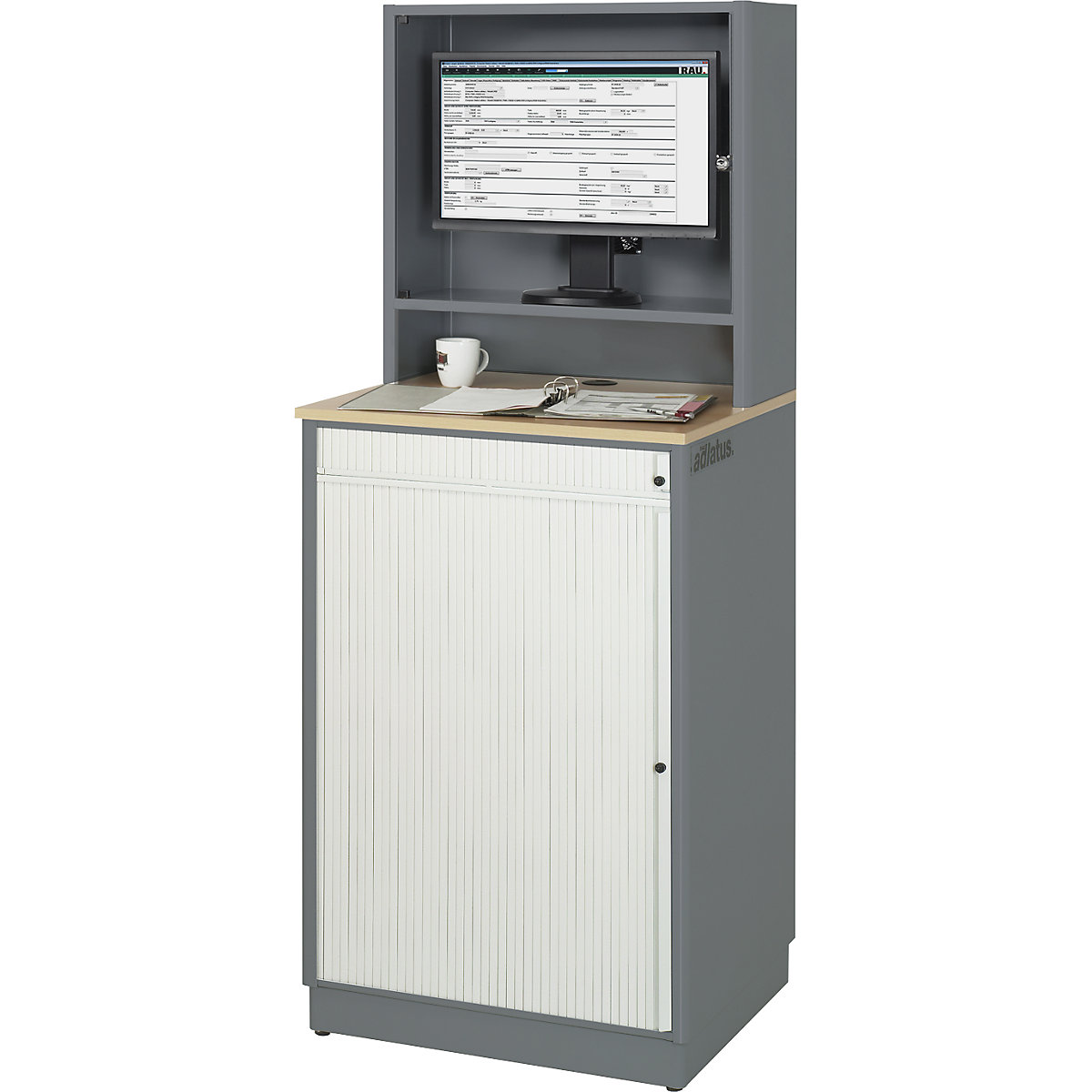 Posto de trabalho com computador – RAU, AxLxP 1810 x 720 x 660 mm, com caixa para monitor, antracite metalizado/azul genciana-0