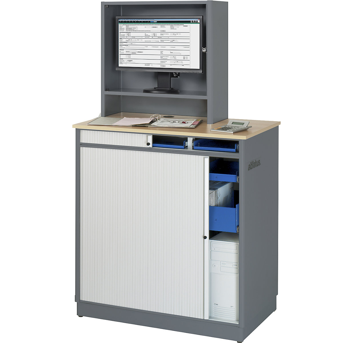 Posto de trabalho com computador – RAU, AxLxP 1810 x 1030 x 660 mm, com caixa para monitor, antracite metalizado/azul genciana-0