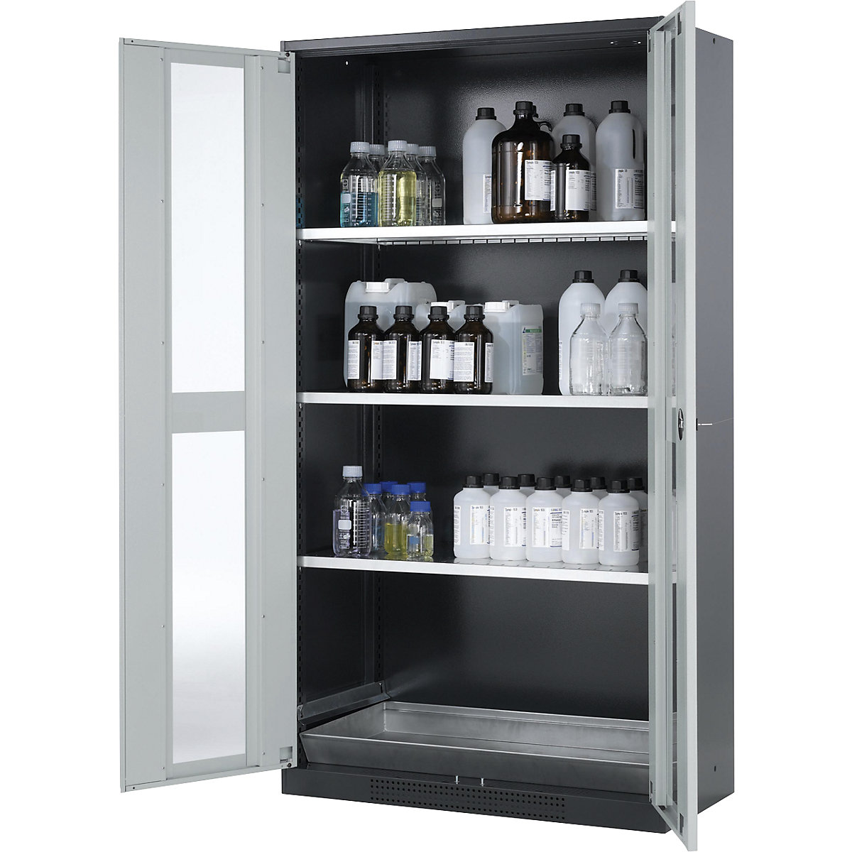 Armário de produtos químicos para laboratório – asecos, 2 portas, toda a altura, 3 prateleiras, com janela de visualização, cinzento-0