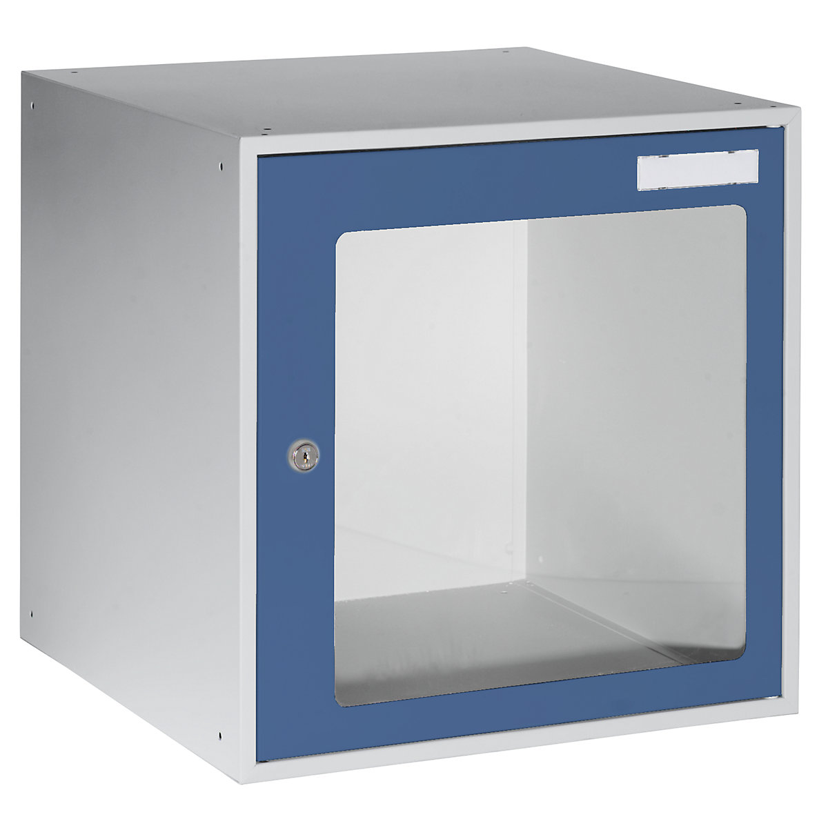 Cacifo cúbico – eurokraft basic, AxLxP 450 x 450 x 450 mm, porta com janela de visualização, cinzento claro/azul genciana-0