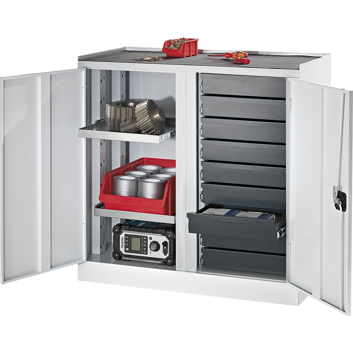 Armário para ferramentas e armário auxiliar – eurokraft pro, 9 gavetas, 2 prateleiras, 1 parede separadora central, portas em cinzento claro-8