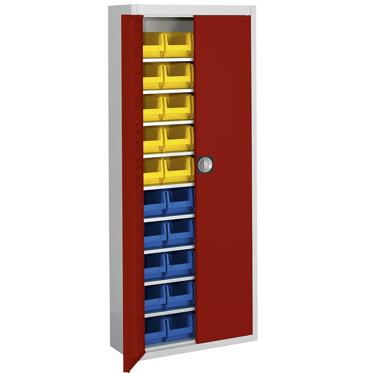 Armadio magazzino con cassette – mauser, alt. x largh. x prof. 1740 x 680 x 280 mm, in due colori, corpo grigio, ante rosse, 40 cassettine-0