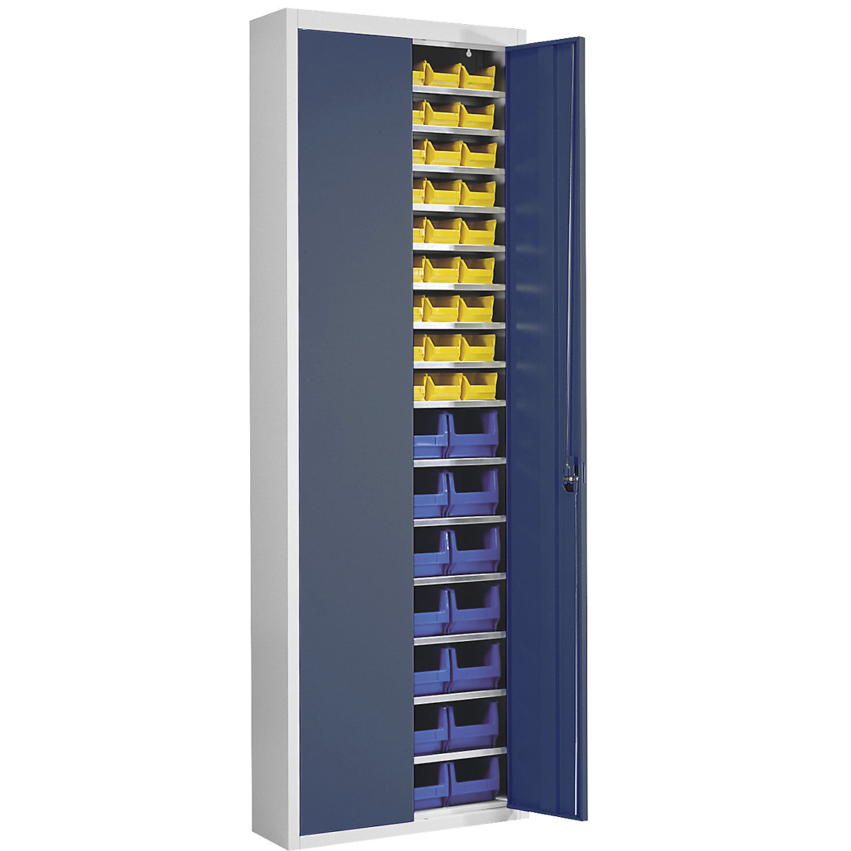 Armadio magazzino con cassette – mauser, alt. x largh. x prof. 2150 x 680 x 280 mm, in due colori, corpo grigio, ante blu, 82 cassettine-0