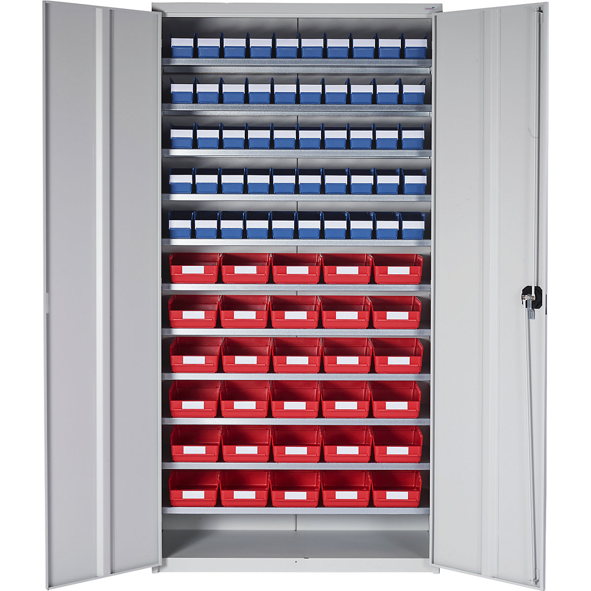 Armadio magazzino – STEMO, alt. x largh. x prof. 1970 x 1000 x 450 mm, con cassettine per scaffali, 50 cassettine blu, 30 cassettine rosse-0