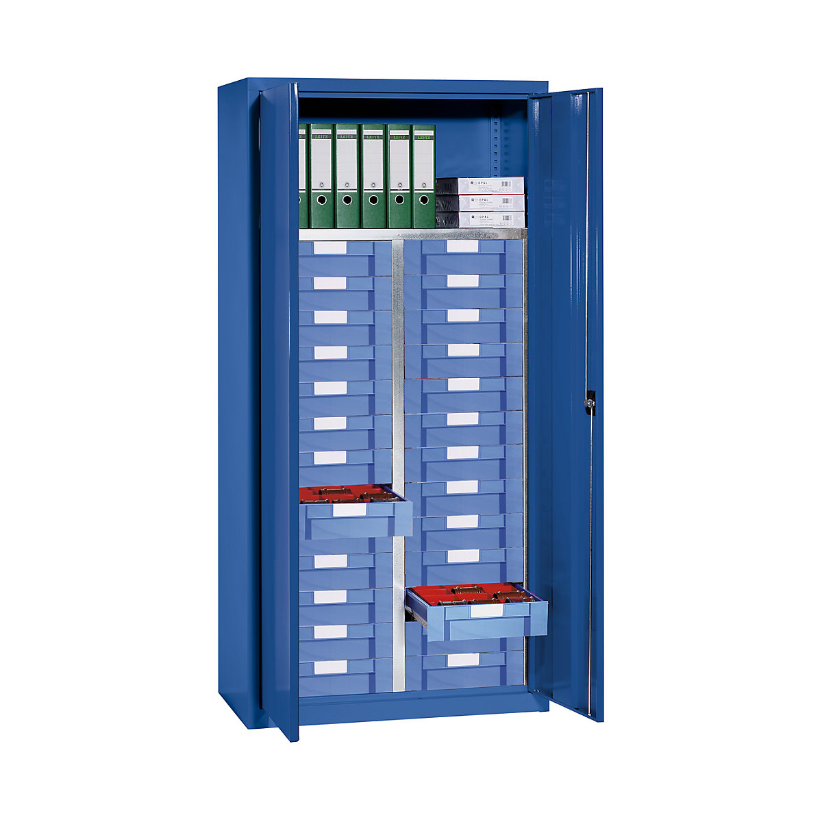 Armadio portamateriale e cassettiera – eurokraft pro, 1 ripiano, 26 cassetti, blu genziana RAL 5010-0