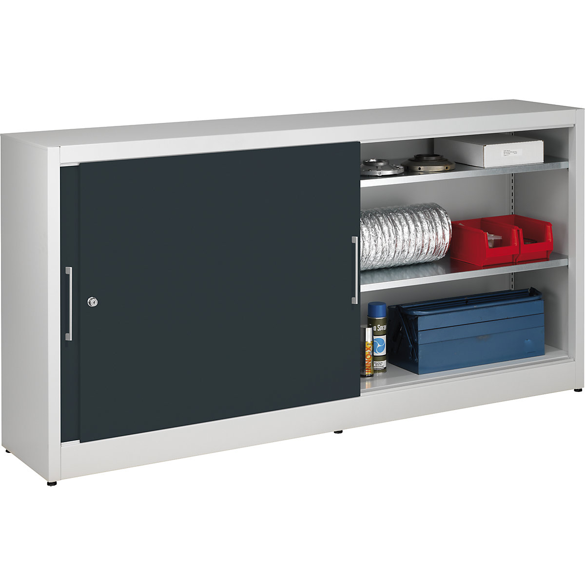 Armadietto con ante scorrevoli altezza 1000 mm – eurokraft pro, con parete divisoria e 2 x 2 ripiani, larghezza 2000 mm, profondità 420 mm, ante grigio antracite RAL 7016-0