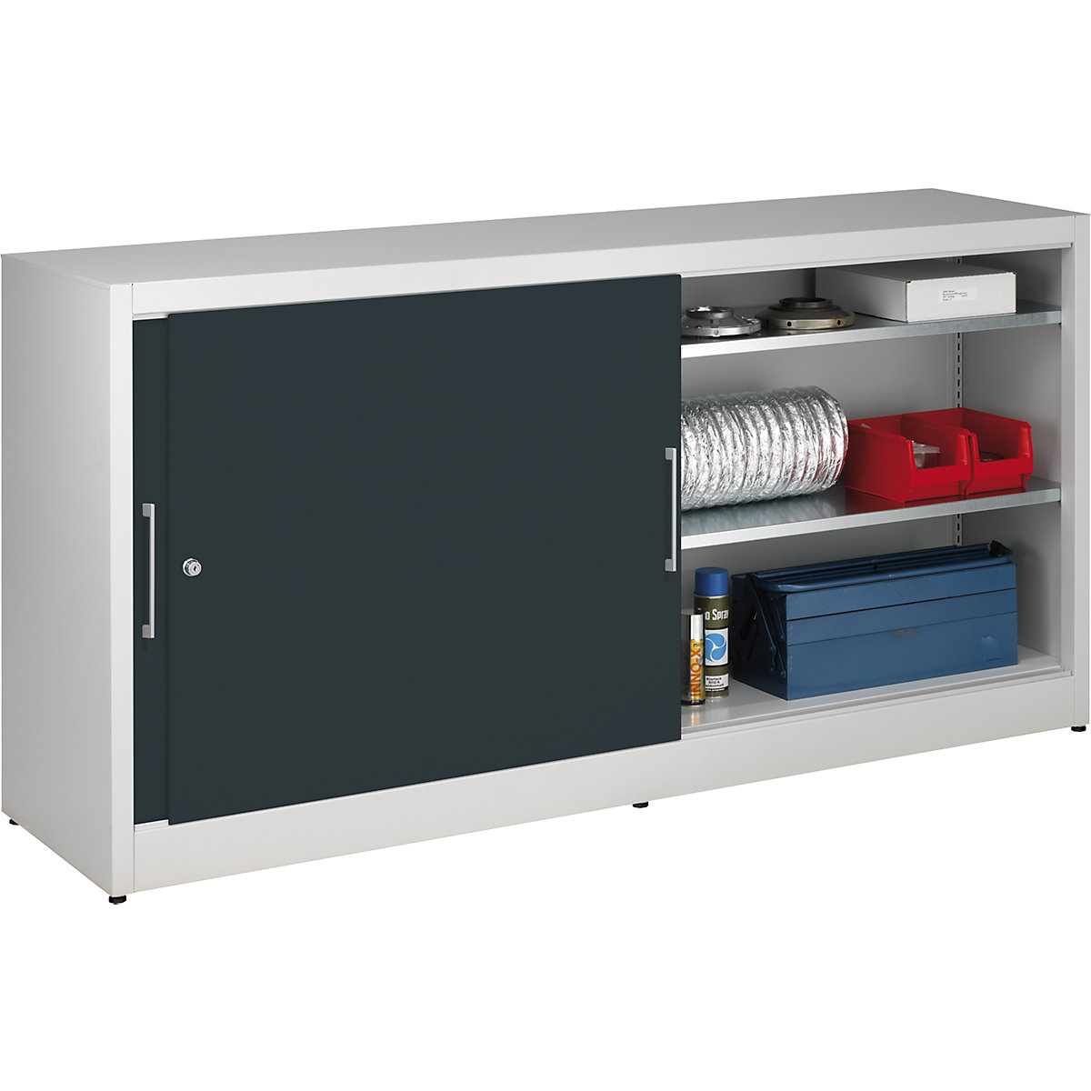 Armadietto con ante scorrevoli altezza 1000 mm – eurokraft pro, con parete divisoria e 2 x 2 ripiani, larghezza 2000 mm, profondità 500 mm, ante grigio antracite RAL 7016-0