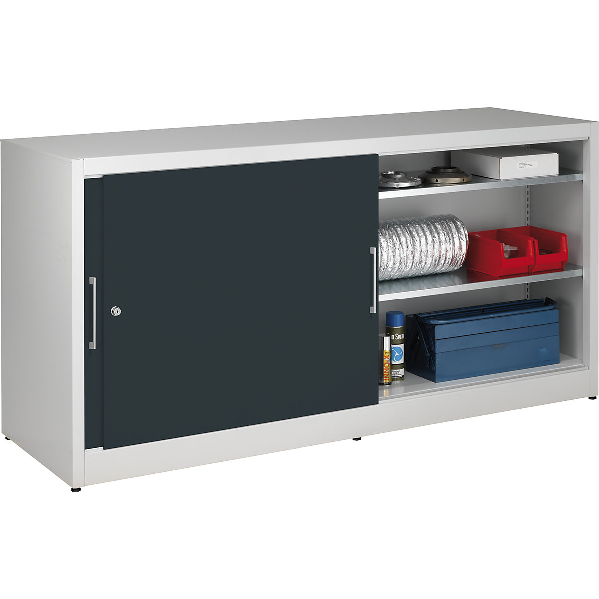 Armadietto con ante scorrevoli altezza 1000 mm – eurokraft pro, con parete divisoria e 2 x 2 ripiani, larghezza 2000 mm, profondità 600 mm, ante grigio antracite RAL 7016-0