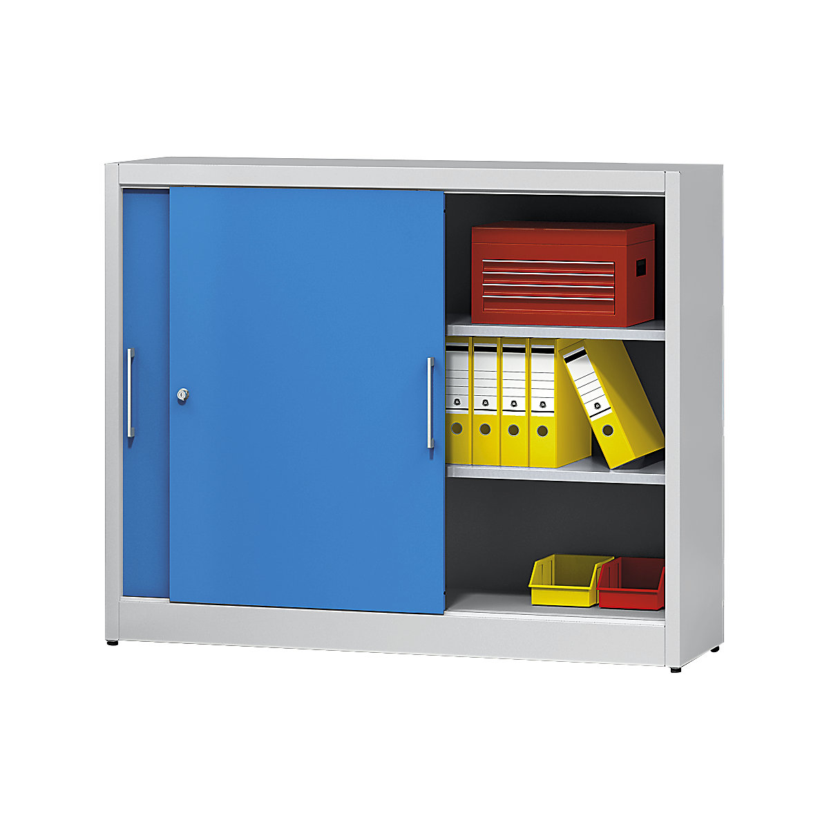 Armadietto con ante scorrevoli altezza 1200 mm – eurokraft pro, con parete divisoria centrale e 2 x 2 ripiani, alt. x largh. 1200 x 1500 mm, profondità 420 mm, ante in blu chiaro RAL 5012-0