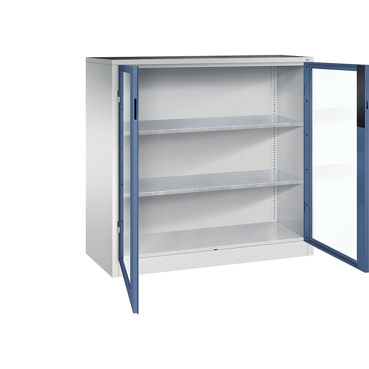 Armadio con ante a battente con finestrella – C+P, alt. x largh. x prof. 1200 x 1200 x 500 mm, 2 ripiani, grigio chiaro / indaco-0