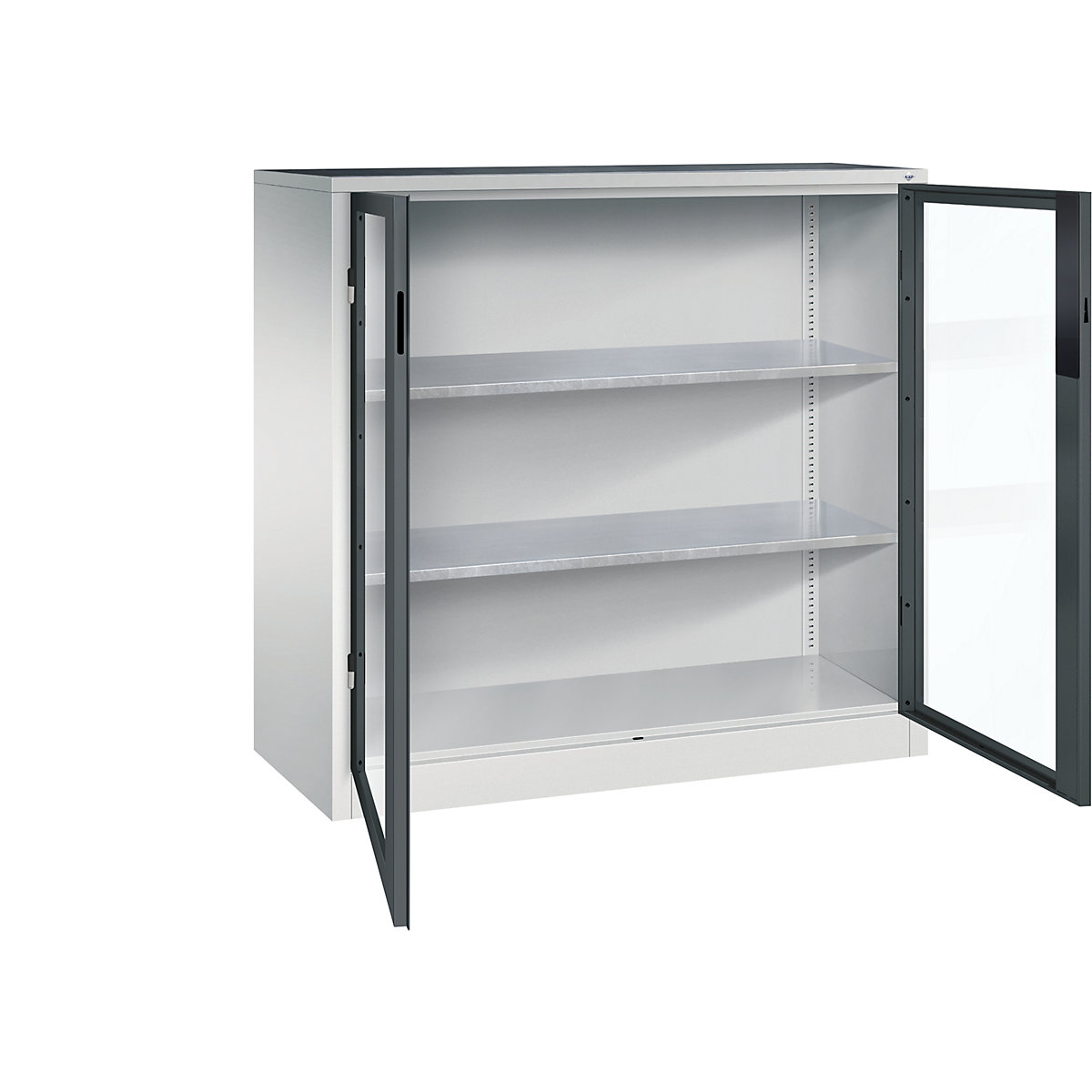 Armadio con ante a battente con finestrella – C+P, alt. x largh. x prof. 1200 x 1200 x 500 mm, 2 ripiani, grigio chiaro / grigio antracite-0