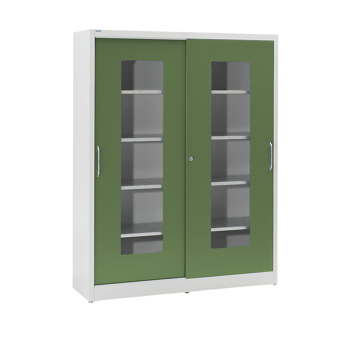 Armadio con ante scorrevoli con finestrella – mauser, con 2 x 4 ripiani, alt. x largh. 1950 x 1500 mm, profondità 600 mm, colore ante verde reseda-0